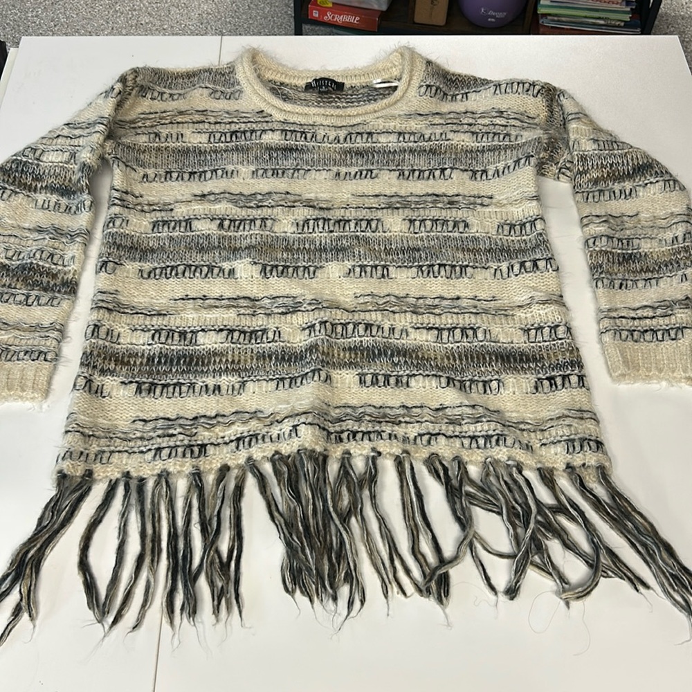 Ecru, Black and brown fringed sweater. Sz S